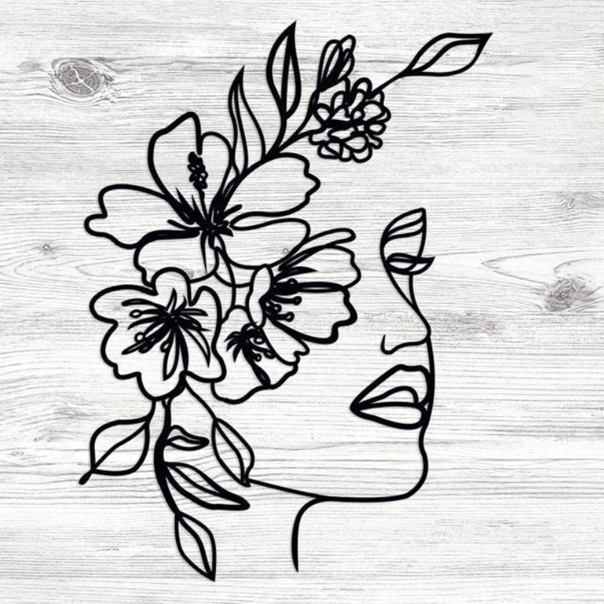 Art mural minimaliste visage femme fleur en métal