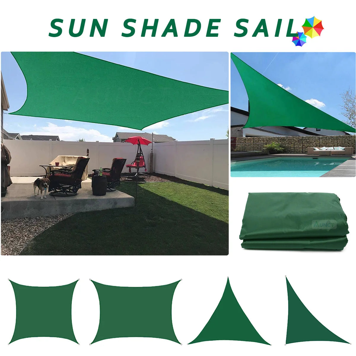 Voile d'ombrage triangle vert foncé installée sur une terrasse