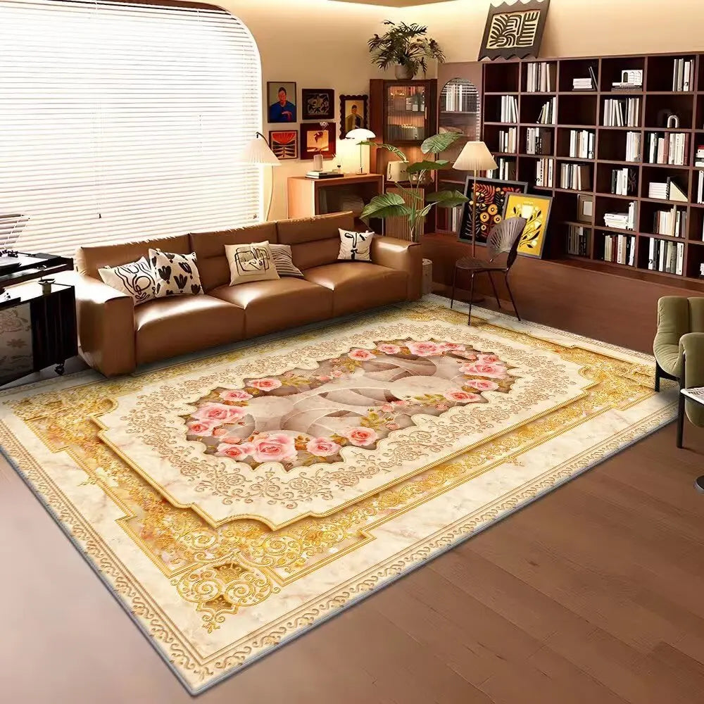 Cette image montre un intérieur de salon design avec un canapé en cuir, une bibliothèque et un tapis décoratif aux motifs floraux.