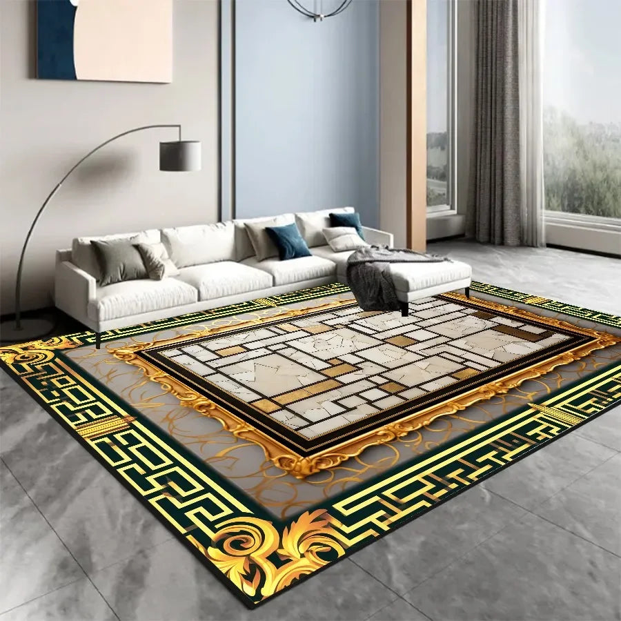 Un tapis décoratif en noir et or, avec des motifs géométriques et floraux, qui apporte une touche élégante et luxueuse à ce salon moderne.