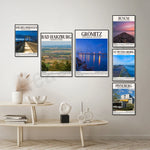 L'image présente des affiches de différentes villes et sites touristiques allemands, offrant une vue panoramique sur des paysages naturels et architecturaux attrayants, comme des ponts, des côtes rocheuses et des villes historiques.