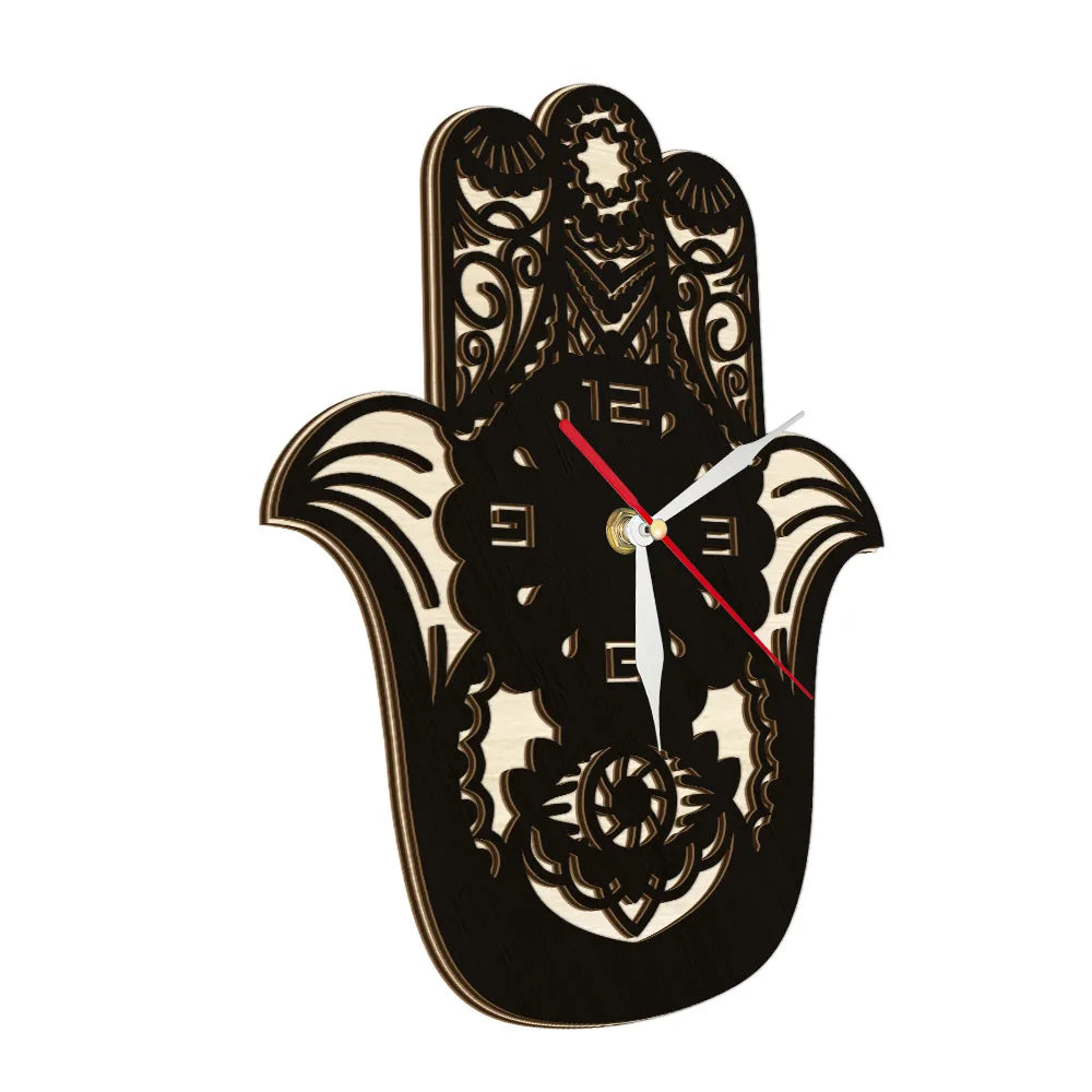 Horloge murale bois naturel main de Fatima Hamsa noir