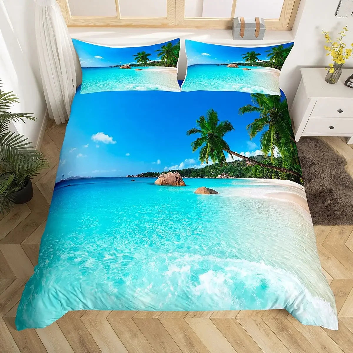 Parure de lit été motifs plage et palmiers