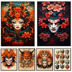 Une collection d'illustrations colorées et détaillées représentant des visages et masques japonais ornés de fleurs rouges et orangées, créant une atmosphère mystique et fascinante.