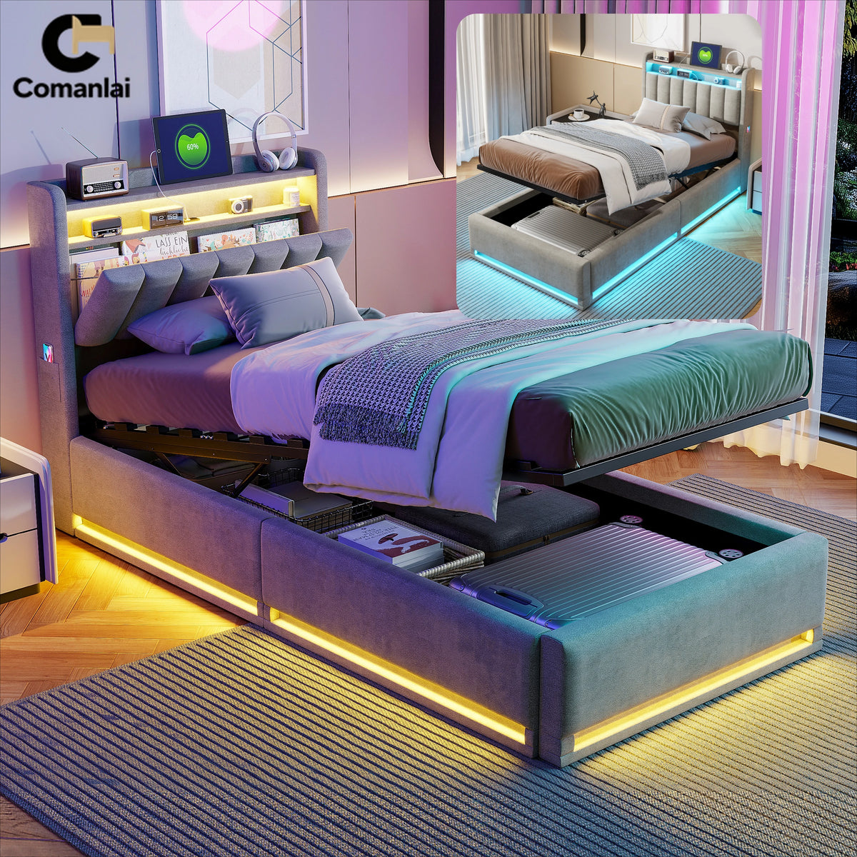 Lit rembourré gris avec rangement hydraulique et lumières LED dans une chambre d'enfant