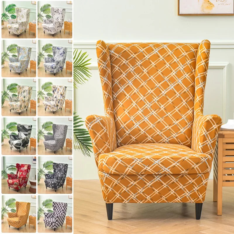 Housse de chaise extensible imprimé floral bleu sur fauteuil