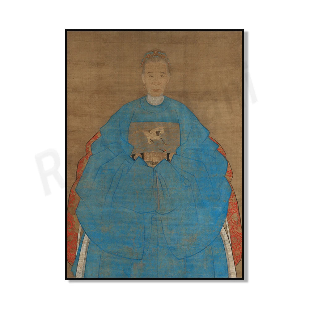 Portrait d'une femme en robe bleue et rouge, tenant un objet dans ses mains, peint sur une toile ancienne.