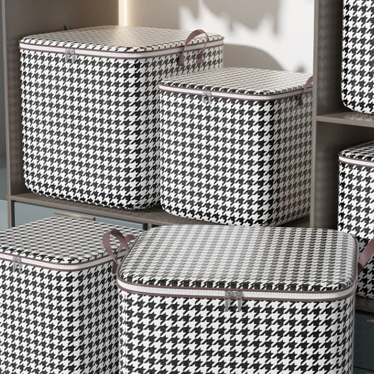Grande boîte de rangement 180L en tissu à carreaux noir