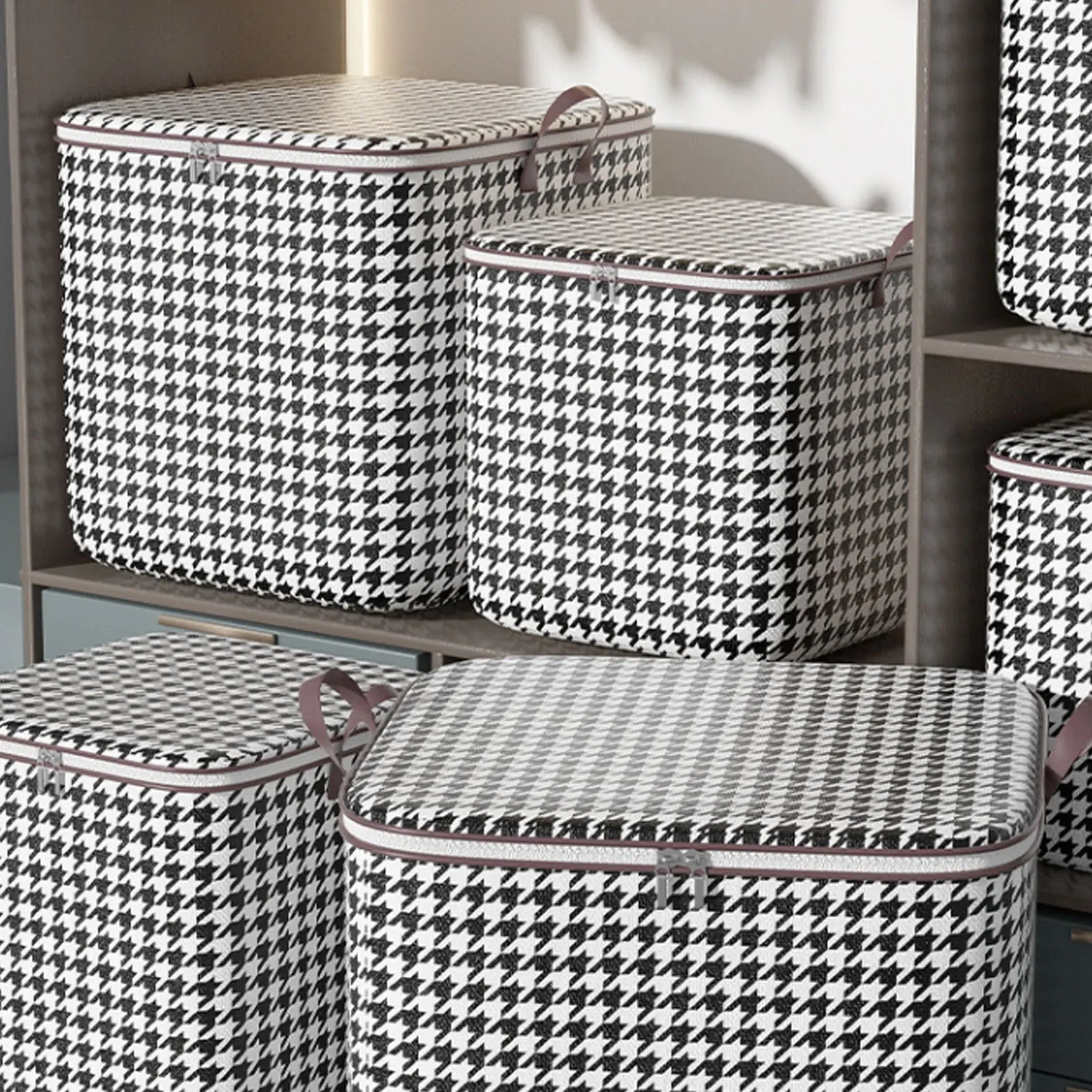 Grande boîte de rangement 180L en tissu à carreaux noir