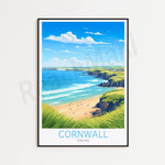 Une scène idyllique de la côte cornouaillaise en Angleterre, avec des falaises escarpées, une plage de sable doré et une mer turquoise sous un ciel bleu parsemé de nuages.