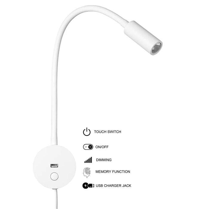 Lampe de chevet blanche à brancher avec variateur tactile LED sur table de nuit