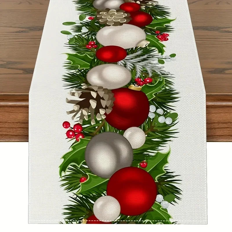 Une décoration de Noël festive composée de boules rouges et blanches, de pommes de pin et de feuillage vert.