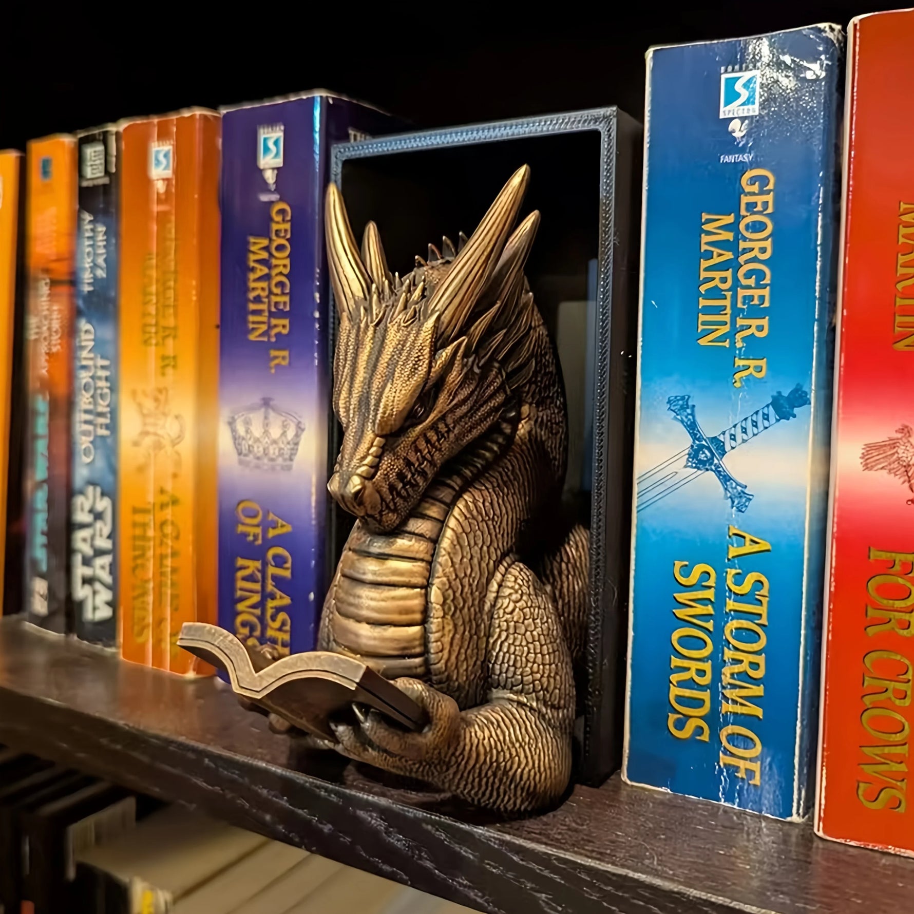 Serre-livres Dragon en résine gris clair style gothique vue de face