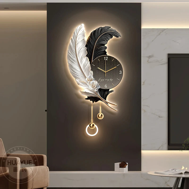 Horloge murale plume LED au-dessus d'un canapé