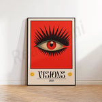 Affiche vintage de 2023 représentant un œil rouge et brillant entouré de pointes noires sur un fond rouge vif, évoquant des visions oniriques et mystérieuses.