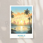 Une illustration pittoresque du paysage urbain de Manille aux Philippines, avec des gratte-ciel se détachant sur un coucher de soleil doré et des palmiers tropicaux bordant l'océan.