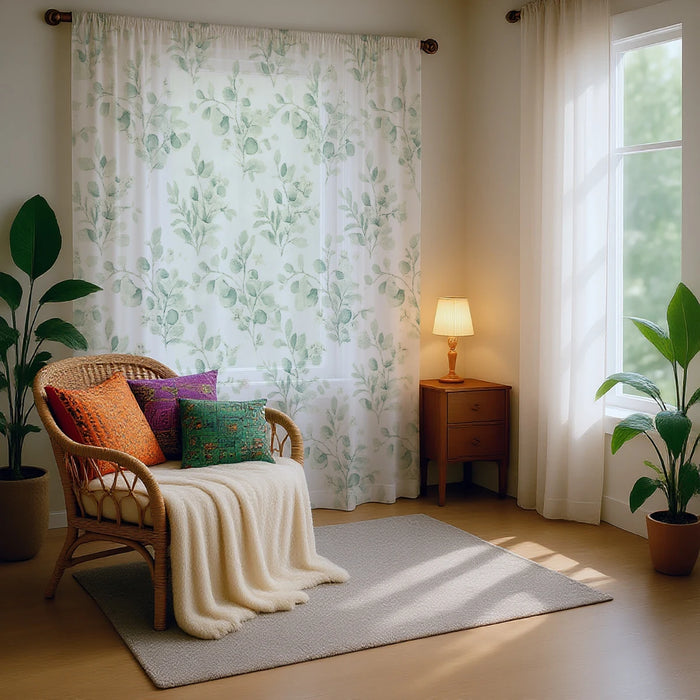 Rideau voilage vert avec motif branche et bourgeon - vue d'ensemble