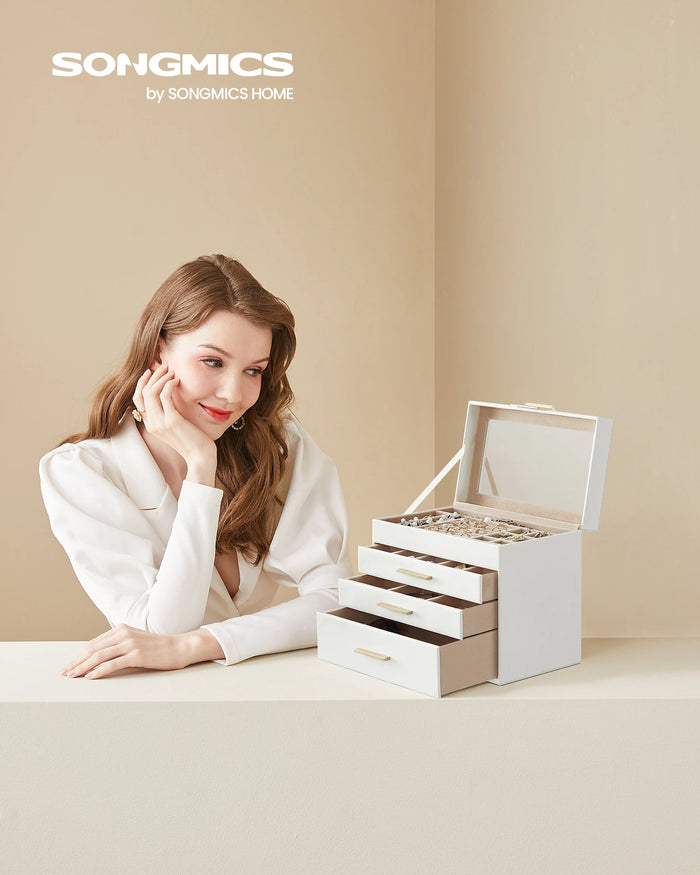 Boîte à bijoux 4 niveaux blanc avec couvercle en verre sur coiffeuse
