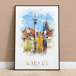 Une illustration impressionniste de l'architecture colorée de la vieille ville de Varsovie en Pologne, avec une colonne ornée au premier plan.