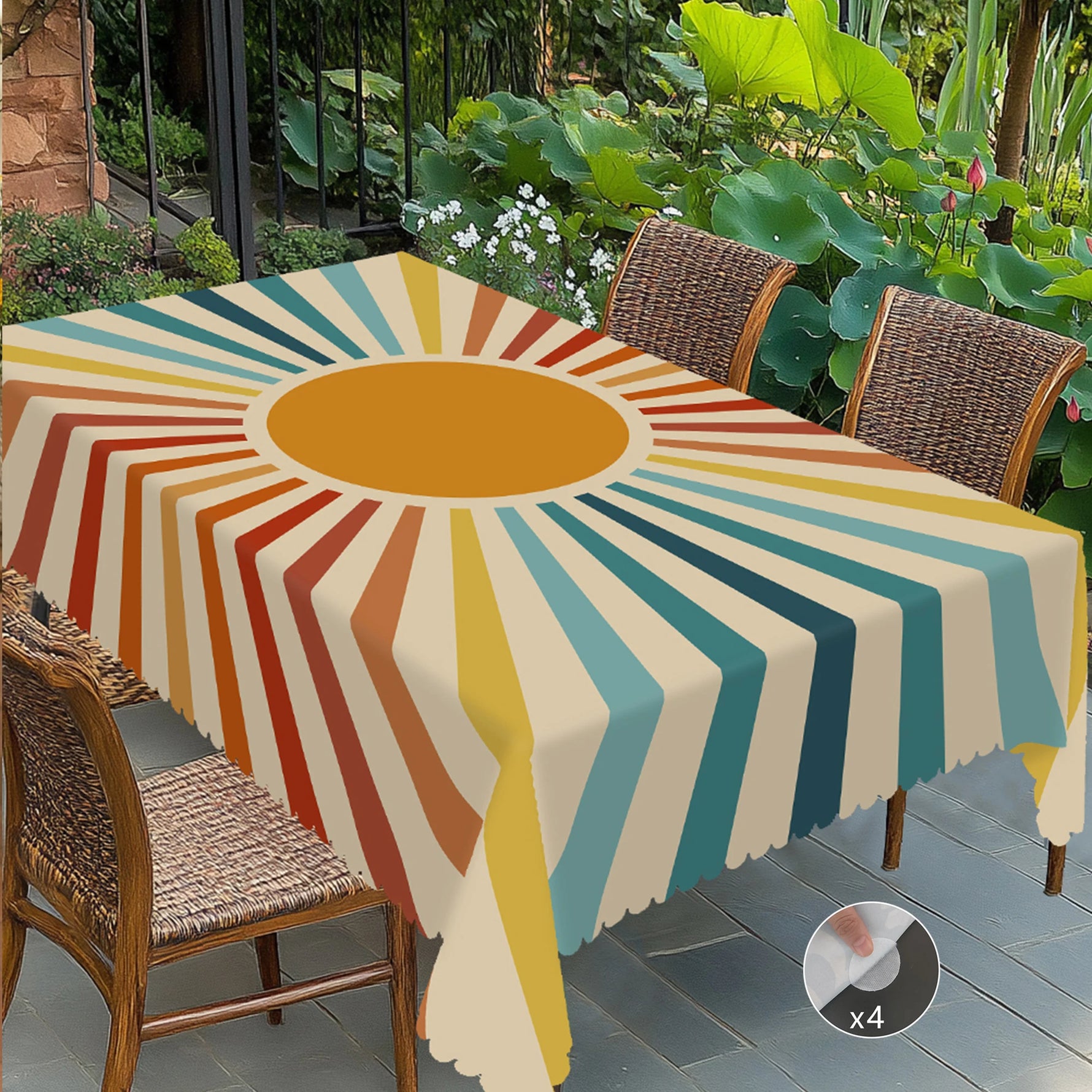 Nappe imperméable jaune avec motif soleil détail