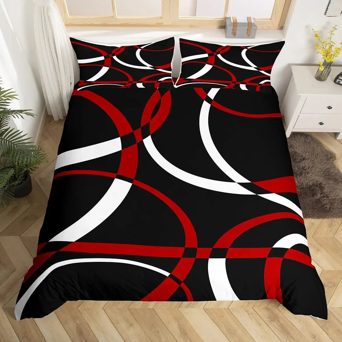 Housse de couette rouge et noir motifs géométriques pour enfant