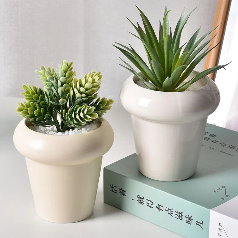 Pot de fleurs céramique jaune clair pour succulentes et bonsaïs