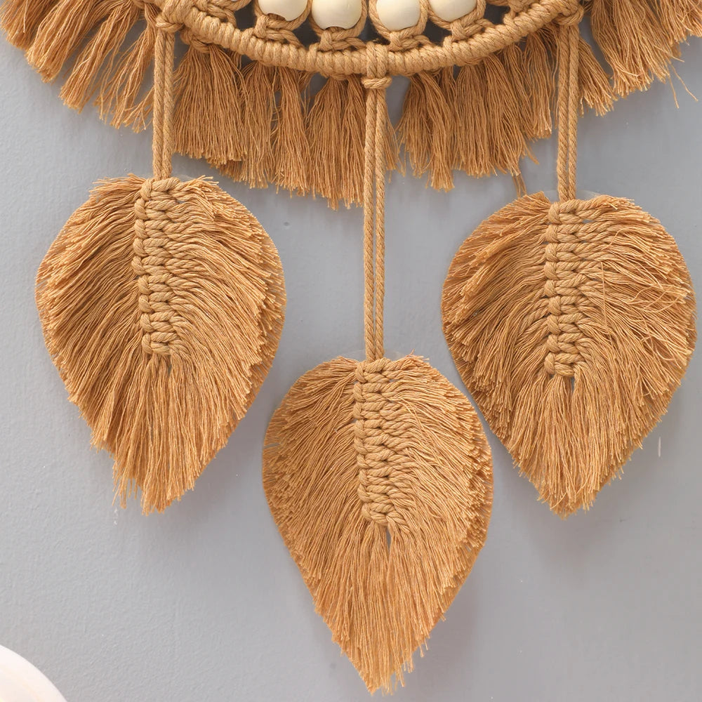 Miroir mural rond macramé avec détails de tissage