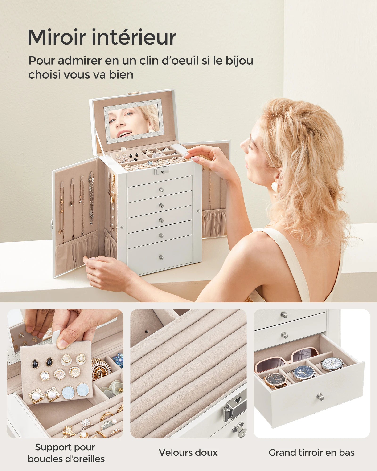Boîte à bijoux grise avec compartiments intérieurs en velours