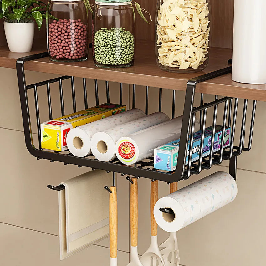 Panier de rangement sous-meuble de cuisine kaki foncé avec crochets