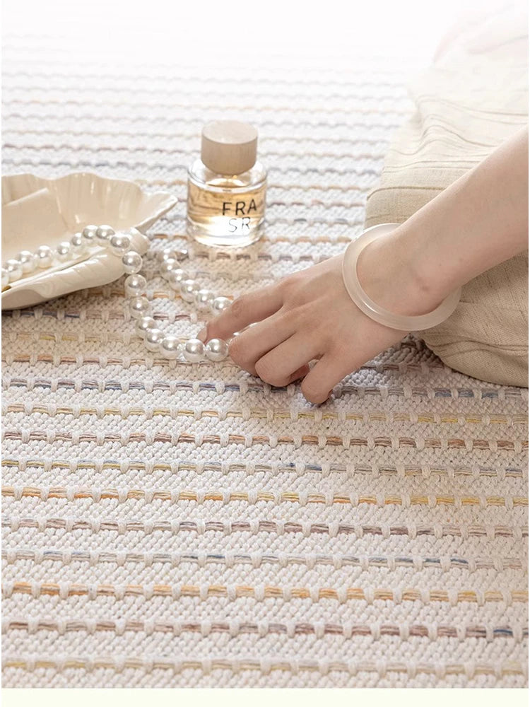 Tapis coton blanc motif rayé géométrique vue de dessus