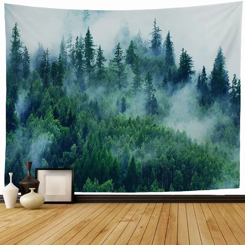 Tapisserie murale forêt de brouillard et montagnes vert foncé