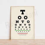 Affiche d'examen optique avec des lettres et des chiffres disposés de manière symétrique, créant une illusion d'optique.