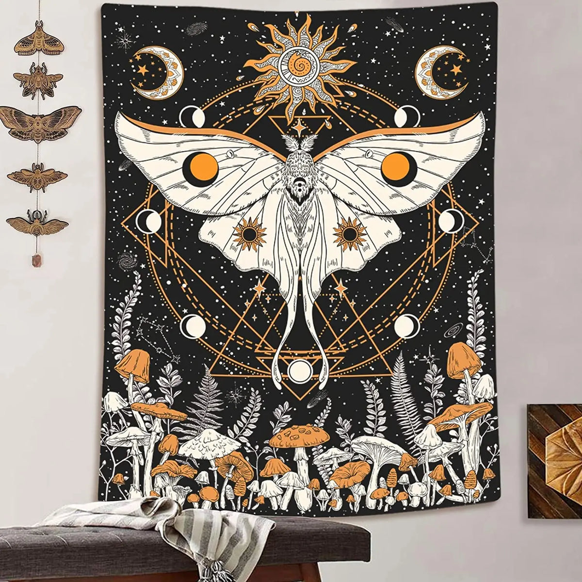 Tapisserie murale psychédélique macramé motifs soleil lune étoiles décoration chambre ado
