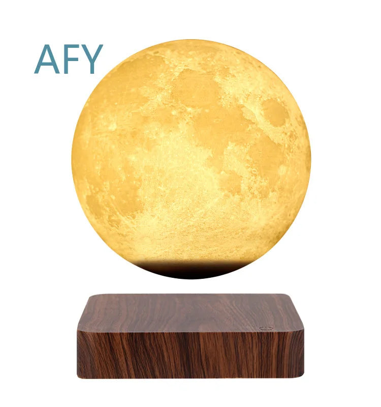 Lampe lune 3D avec base bois et lumière blanche