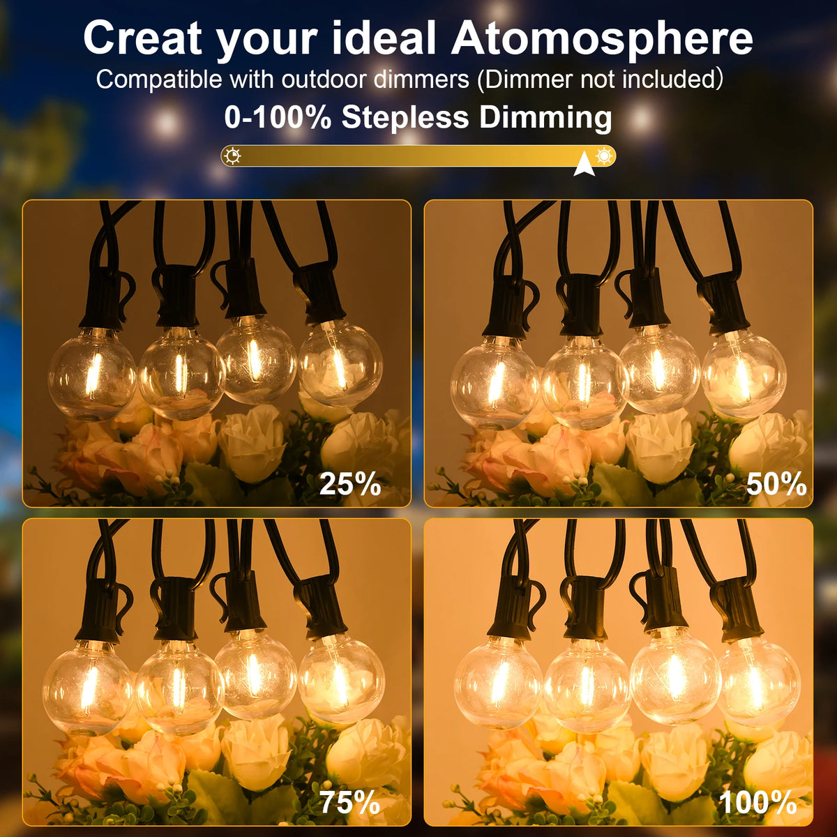 Guirlande lumineuse LED G40 jaune créant une ambiance chaleureuse sur une terrasse