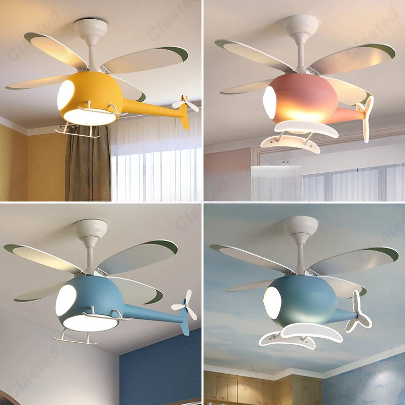 Détail des pales du ventilateur intégré au lustre hélicoptère