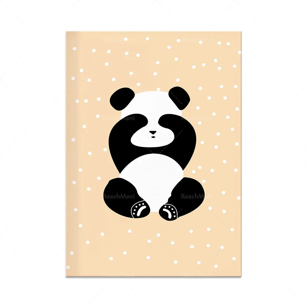 Une illustration simpliste et mignonne représentant un panda assis sur un fond beige avec des pois blancs.
