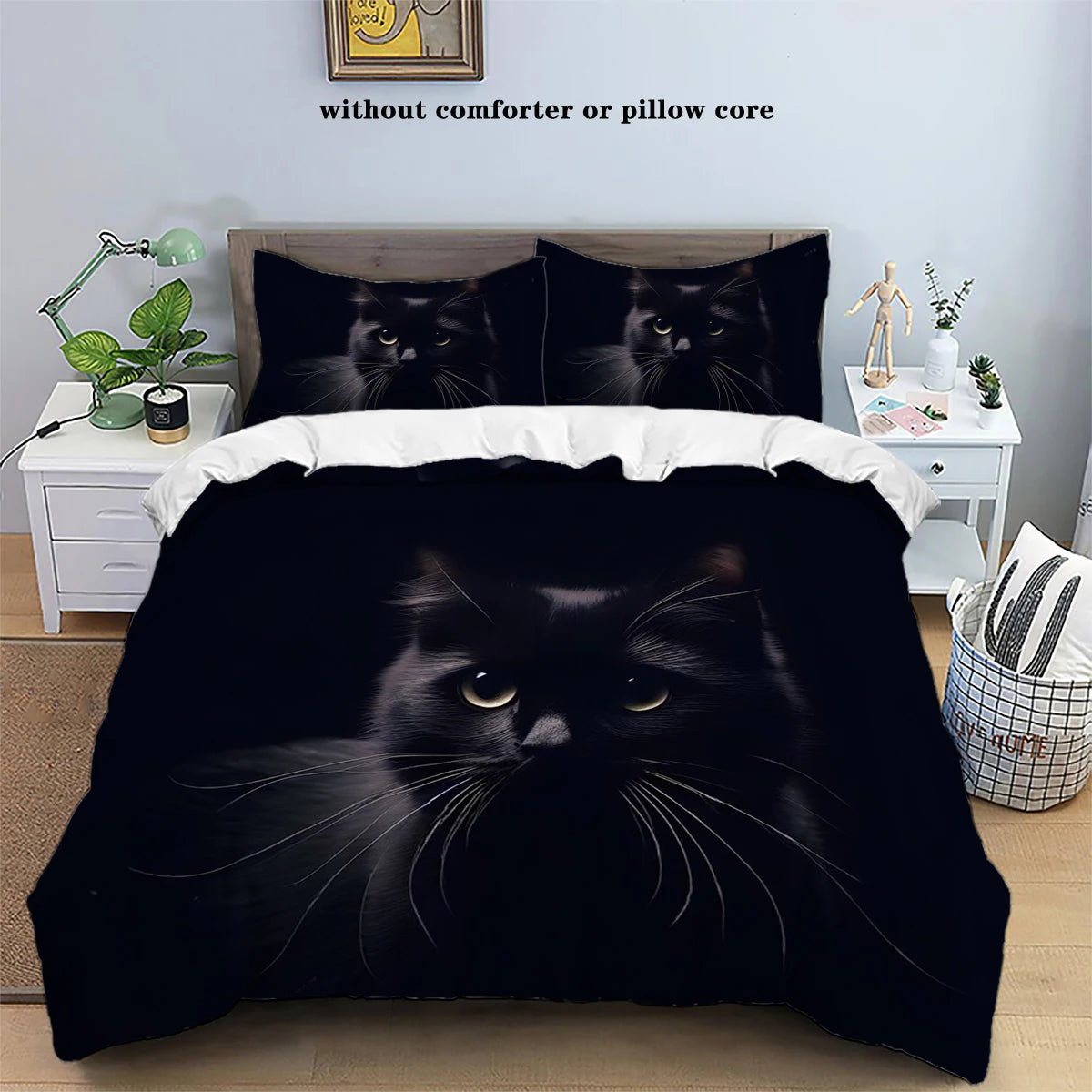 Détail motif chat noir sur housse de couette