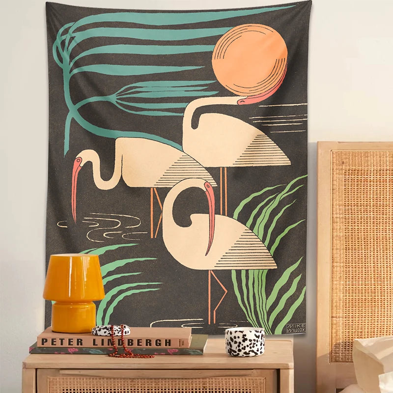 Vue d'ensemble de la tapisserie murale lune dans un intérieur décoré style rétro