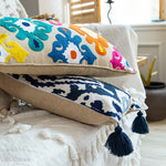 Des coussins brodés multicolores sur un lit sont mis en évidence dans cette image, créant une atmosphère chaleureuse et colorée dans la pièce.