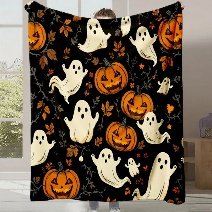 Un fond sombre orné de fantômes blancs et de citrouilles sculptées d'Halloween, créant une ambiance festive et mystérieuse pour la période d'Halloween.