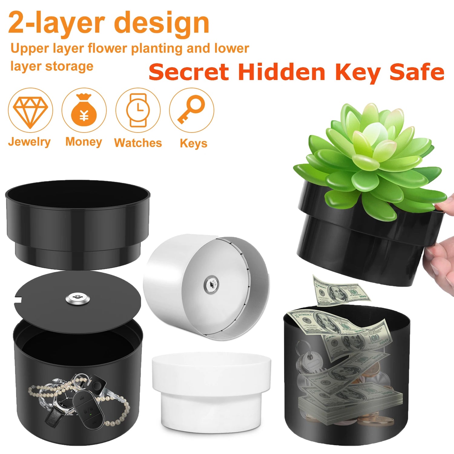 Pot de fleur coffre-fort secret 2 couches en métal vert avec serrure