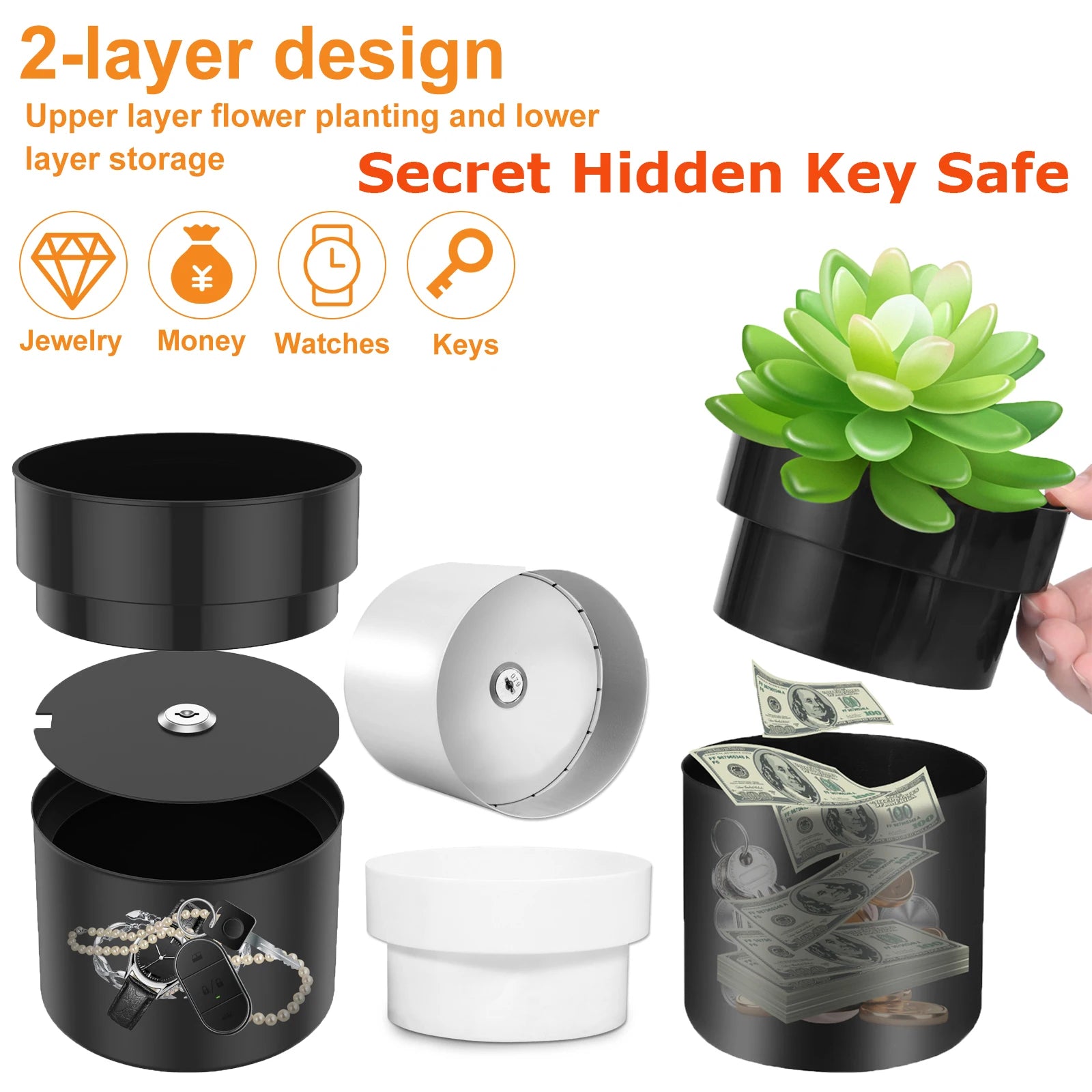Pot de fleur coffre-fort secret 2 couches en métal vert avec serrure