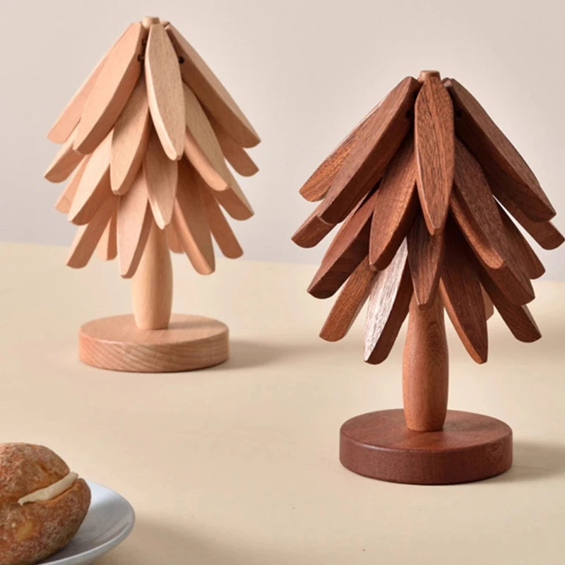 Ensemble de dessous de plat en bois en forme d'arbre, 4 pièces avec support, vue de dessus