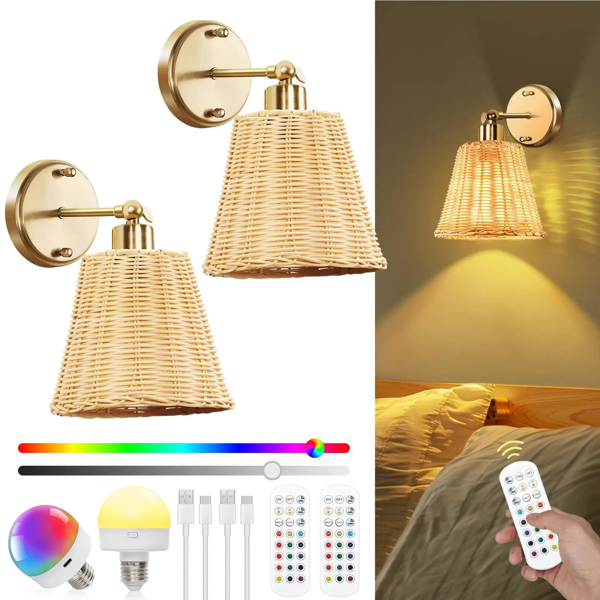 Applique murale en osier tissé blanc avec éclairage LED rechargeable
