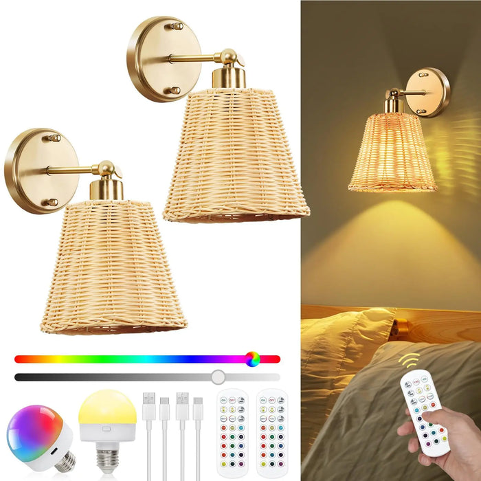 Applique murale en osier tissé blanc avec éclairage LED rechargeable