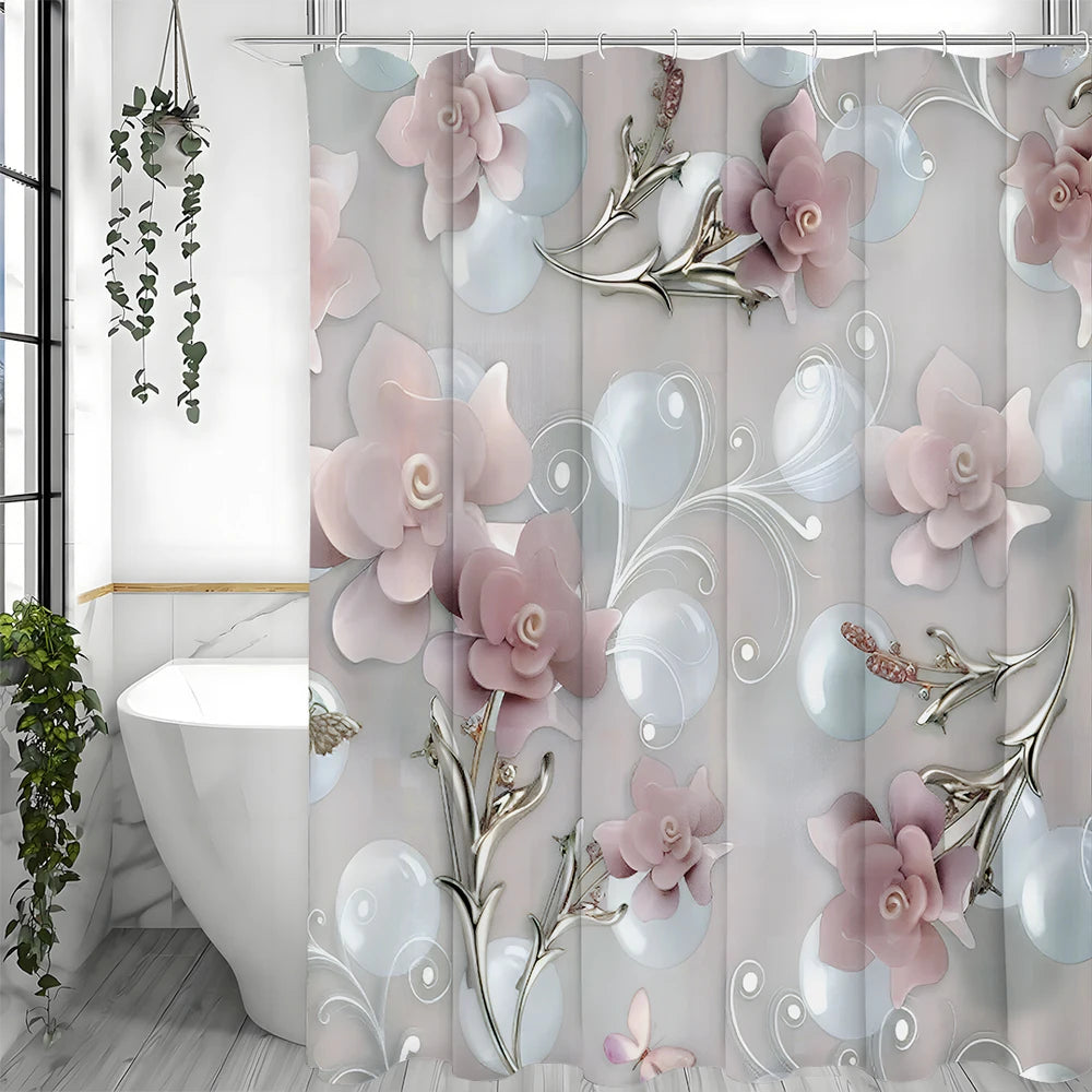 Rideaux de douche en design floral, présentant des pétales de fleurs roses coupées sur un fond blanc, apportant une touche de couleur rose à la décoration intérieure de la salle de bain. Ces rideaux, en plus d'être un élément de plomberie essentiel, ajoutent une esthétique florale élégante à l'espace, complétant parfaitement le design intérieur.