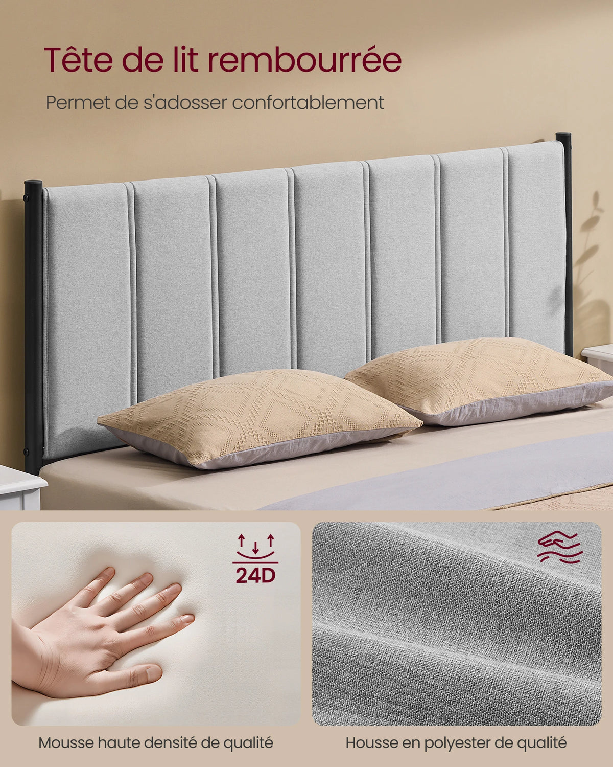Tête de lit confortable en tissu polyester premium pour un soutien optimal
