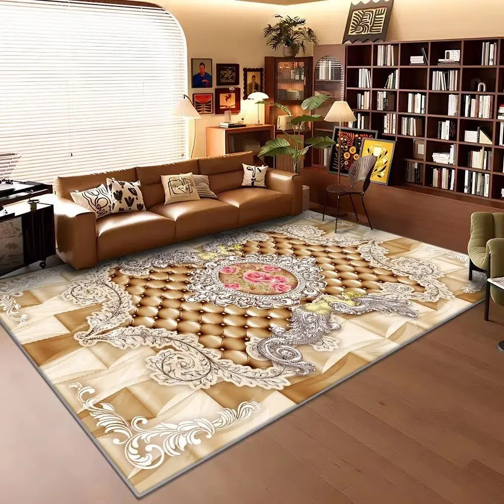 Un tapis magnifique et artistique au motif floral et géométrique, créant une ambiance chaleureuse et sophistiquée dans cette pièce aménagée avec goût.
