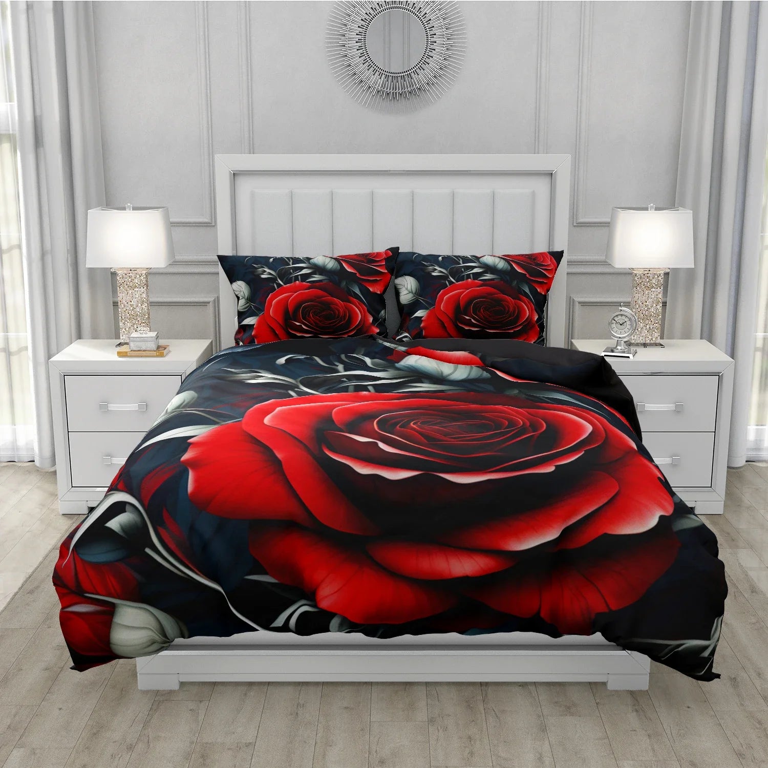 Motif rose rouge impression 3D sur housse de couette